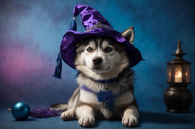 Siberian Spellbinder Cute Dog in Witch Hat and Halloween Decor