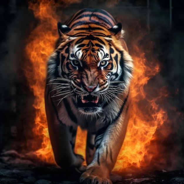 Siberian Tiger on Black Background with Burning Effect Generative AI