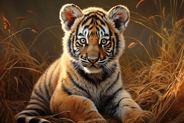 Siberian Tiger Panthera tigris altaica A charming tiger cub seated on the grass displaying detailed features AI Generated