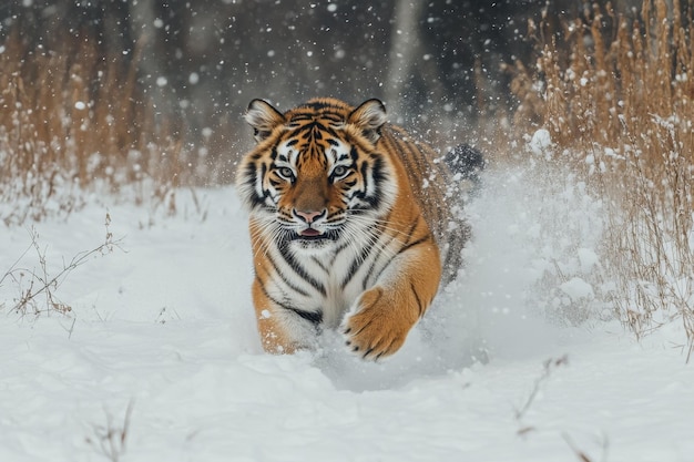 Photo siberian tiger running in snow during snowfall