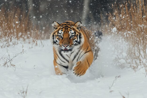 Photo siberian tiger running in snow during snowfall