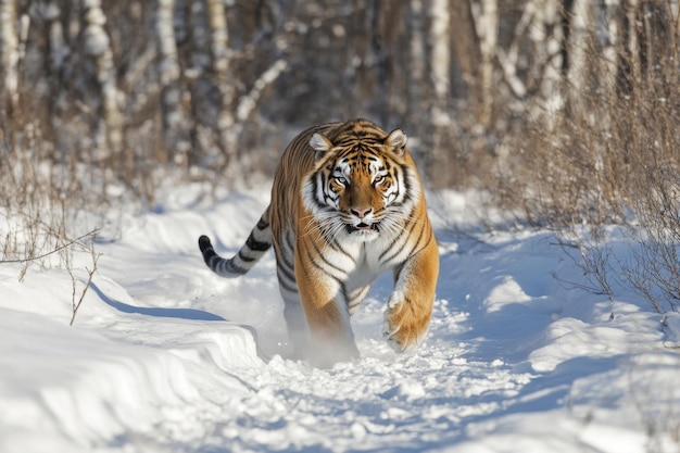 Photo siberian tiger walking on snow in a winter forest