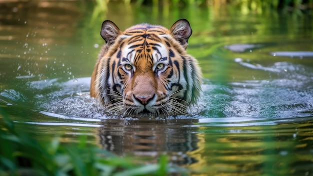 Siberian tiger in the water in the wild