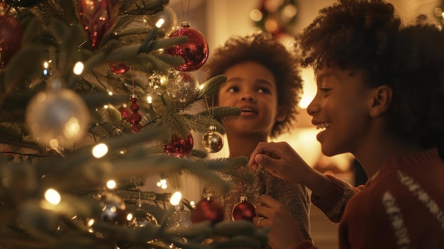 Siblings decorating a Christmas tree