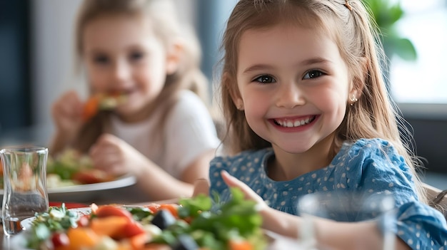 Photo siblings enjoying healthy meal with fresh vegetables at family mealtime