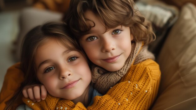 Siblings hugging at the beach on the sofa