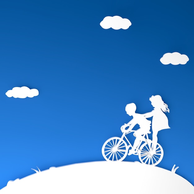 Siblings silhouette on 3d bicycle