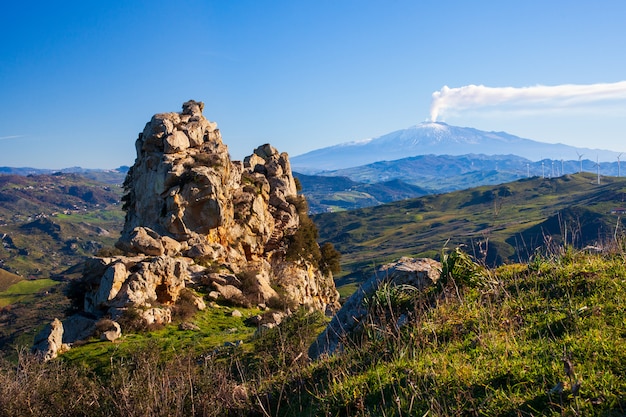 Sicilian countryside with Etna volcano in the background