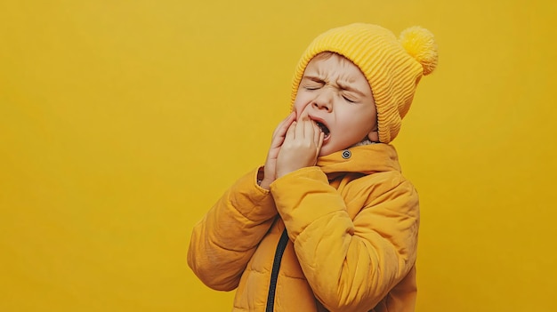 Photo sick boy coughing on yellow background cold symptoms