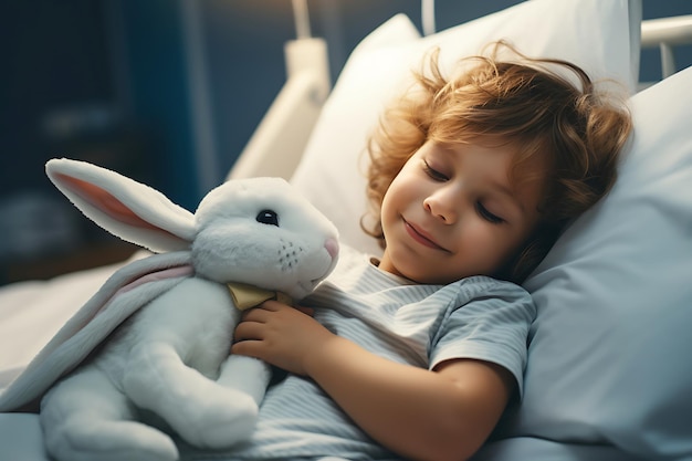 A sick boy lies on a hospital bed in a hospital with a toy hare