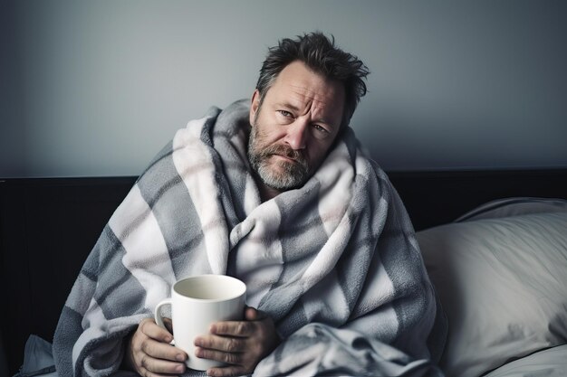 Sick Caucasian middleaged man sits in bed under a plaid blanket He holds a mug of hot medicinal drink in his hands and looks dejectedly into the camera