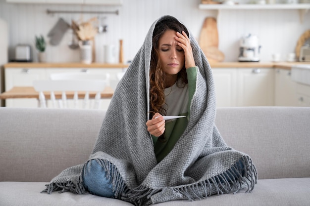 Sick exhausted woman with thermometer to measure body temperature sit on sofa wrapped in blanket