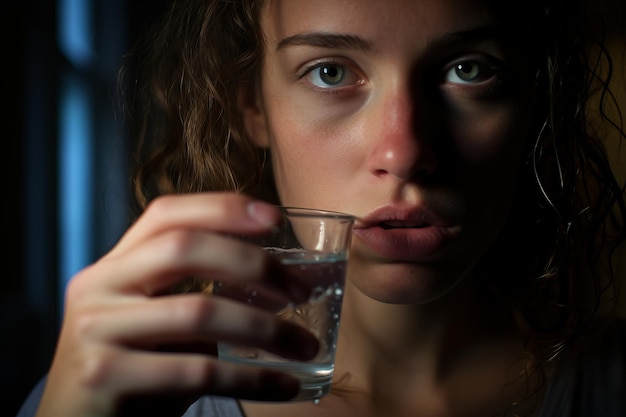 Sick girl drinks a glass of water generative ai