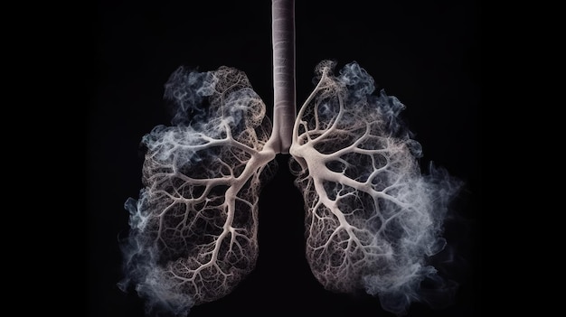 Sick lungs with smoke on black background Generative ai Generative ai