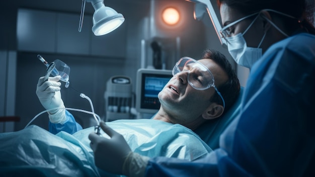 A sick man is being treated on the couch of a modern hospital The doctor the Dentist examines the patient and consults