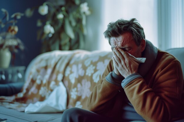 Photo sick man who has the flu blows her nose into a tissue sneezes into a napkin