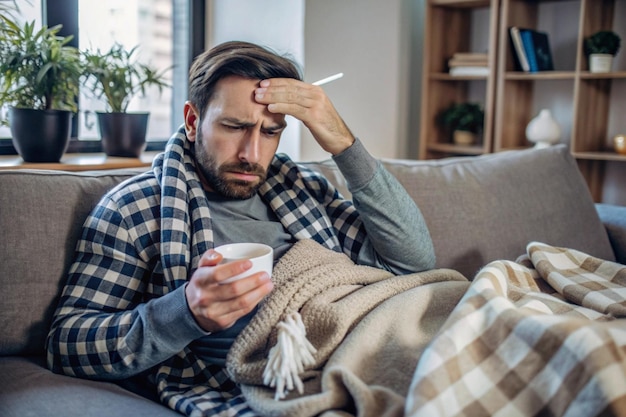 A sick man with fever and health problems