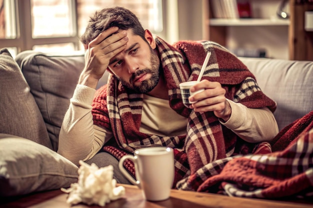 A sick man with fever and health problems