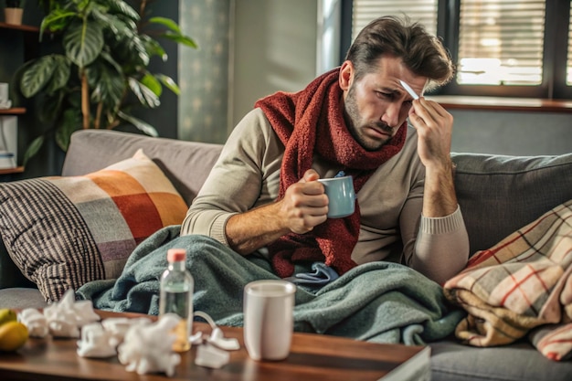 Photo a sick man with fever and health problems