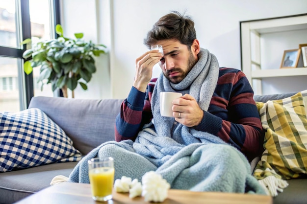 A sick man with fever and health problems