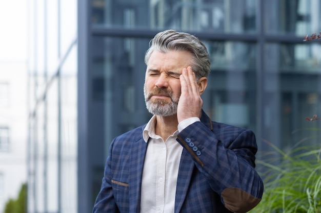 Sick and sad mature businessman outdoors sitting on bench on office building background senior boss