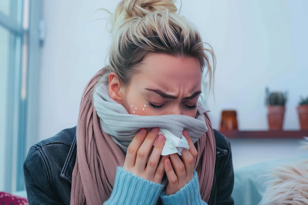 Photo sick sneezing woman in scarf caught a cold cold treatment at home sick sneezing woman in scarf caug