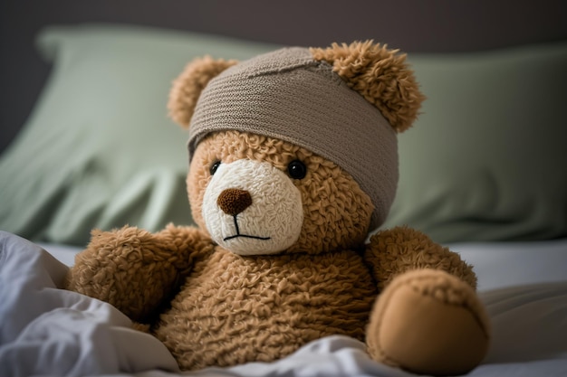 A sick teddy bear with a bandage on his head lies in bed with a fever and a headache Generative ai