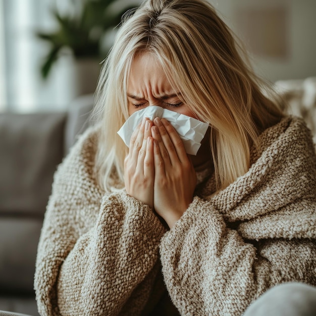 Photo sick woman covered in blanket sitting and blowing nose cold and flu season at home