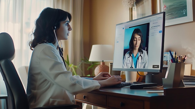 Photo sick woman listening recommendations and appointment having online video call with a generative ai