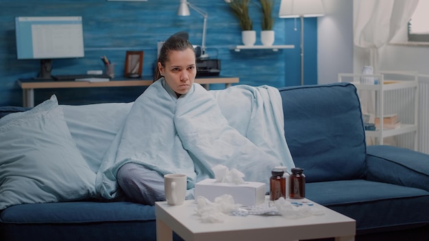 Sick woman with cold and flu sitting wrapped in blanket. Unhappy adult with virus disease feeling ill while having medical treatments and instruments on table. Person with sickness