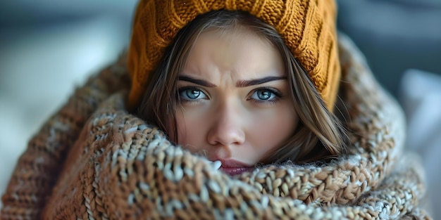 Sick young woman with blanket blowing nose fever coughing sneezing allergic symptoms at home Concept Common Cold Home Remedies Allergy Relief Health Tips Sick Day Essentials