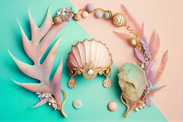 Side border of Stylish feminine accessories on the pastel background