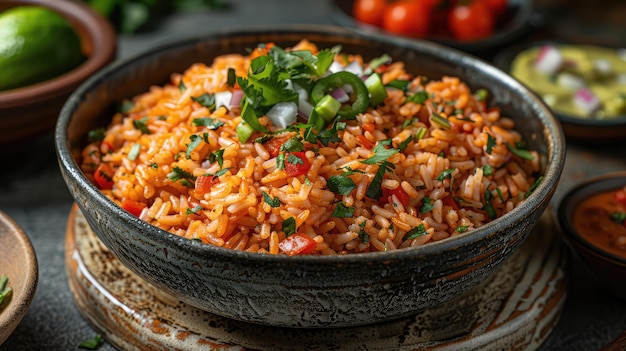 Photo a side dish of fluffy mexican rice and creamy refried beans garnished with cilantro and queso fresco