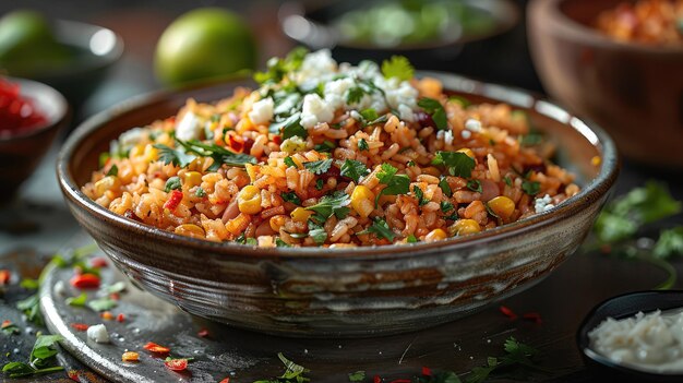 A side dish of fluffy Mexican rice and creamy refried beans garnished with cilantro and queso fresco