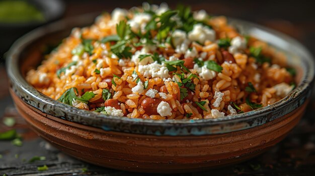 A side dish of fluffy Mexican rice and creamy refried beans garnished with cilantro and queso fresco