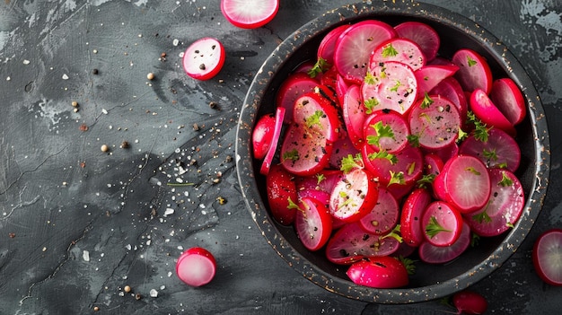 Photo a side dish of sliced grilled radishes seasoned with pepper and lemon juice