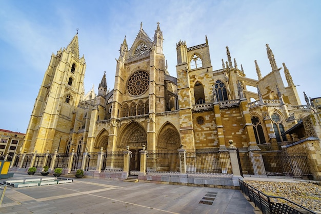 Side facade of the immense cathedral of the city of Leon in Spain