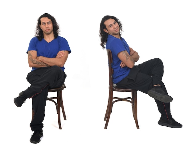 Side and front wiew of same man with sportswear sitting on chair on white background