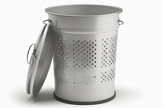 Side image of an open steel trash can photographed against a white background