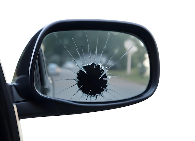 a side mirror with a broken window and a car in the reflection