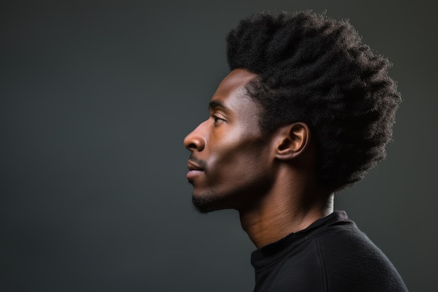 Side Portrait of Attractive African American Man Staring Against Blank Background in Casual Attire