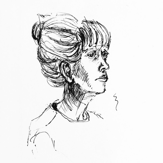 Side portrait of beautiful woman Drawing by hand with black ink on paper Black and white artwork