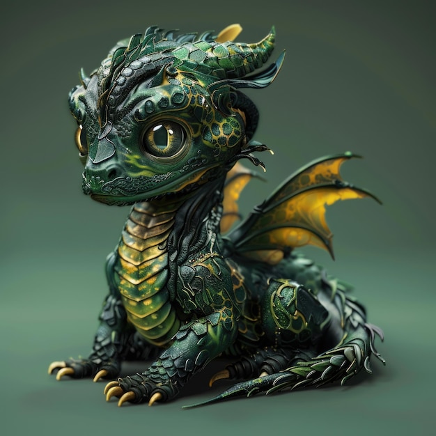 Side Portrait of Dark Green Baby Dragon without Wings showcasing Yellow Belly Claws