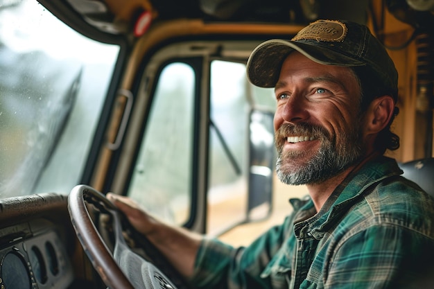 Side portrait lorry driver wearing trucker hat smiling cabin old freight truck hold steering wheel