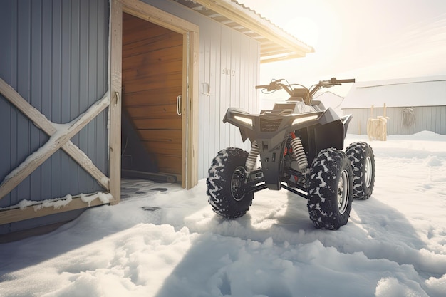 Side POV closeup detail view of quad bike offroad vehicle parked in snowdrift track on sunny snowy cold winter morning against clear blue sky ATV adventure extreme sport Nature country tour drive