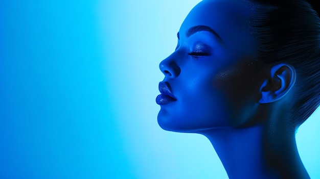 Photo side profile of a serene woman in blue lighting showcasing calm elegance and beauty in a minimalistic futuristic style