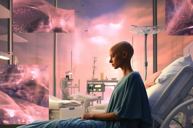 A side profile of a woman in a hospital with cancer after chemo Future solutions to sickness Pink cell pictures on the background