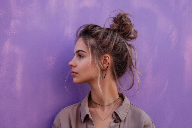 Side profile of a woman showcasing her stylish messy bun against a vibrant purple backdrop