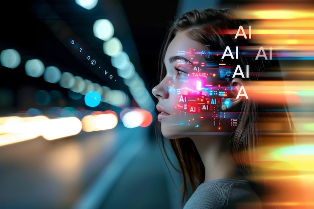 Photo side profile of a woman with ai text overlay symbolizing advanced ai technology innovation and d