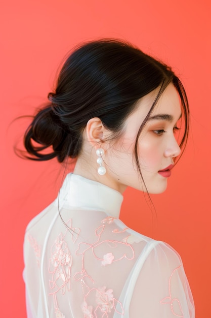 Side profile of a woman with a chic low bun hairstyle delicate earring and floral top against a coral background